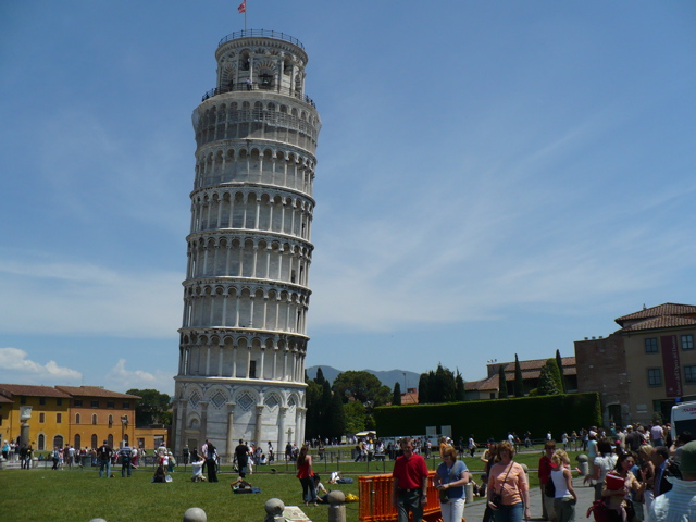 the famous leaning tower in the plaza at Pisa, Italy